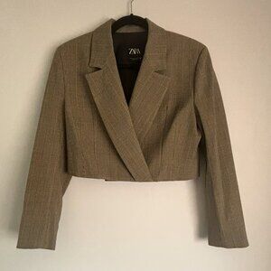 Zara Plaid Checked Houndstooth Cropped Brown Blazer Sz. M NWT